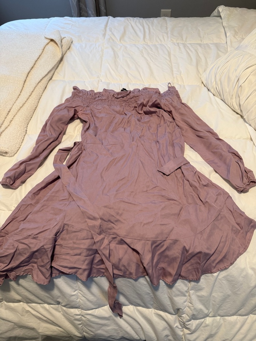 Express Mauve Off-Shoulder Long Sleeve Dress with Waist Tie